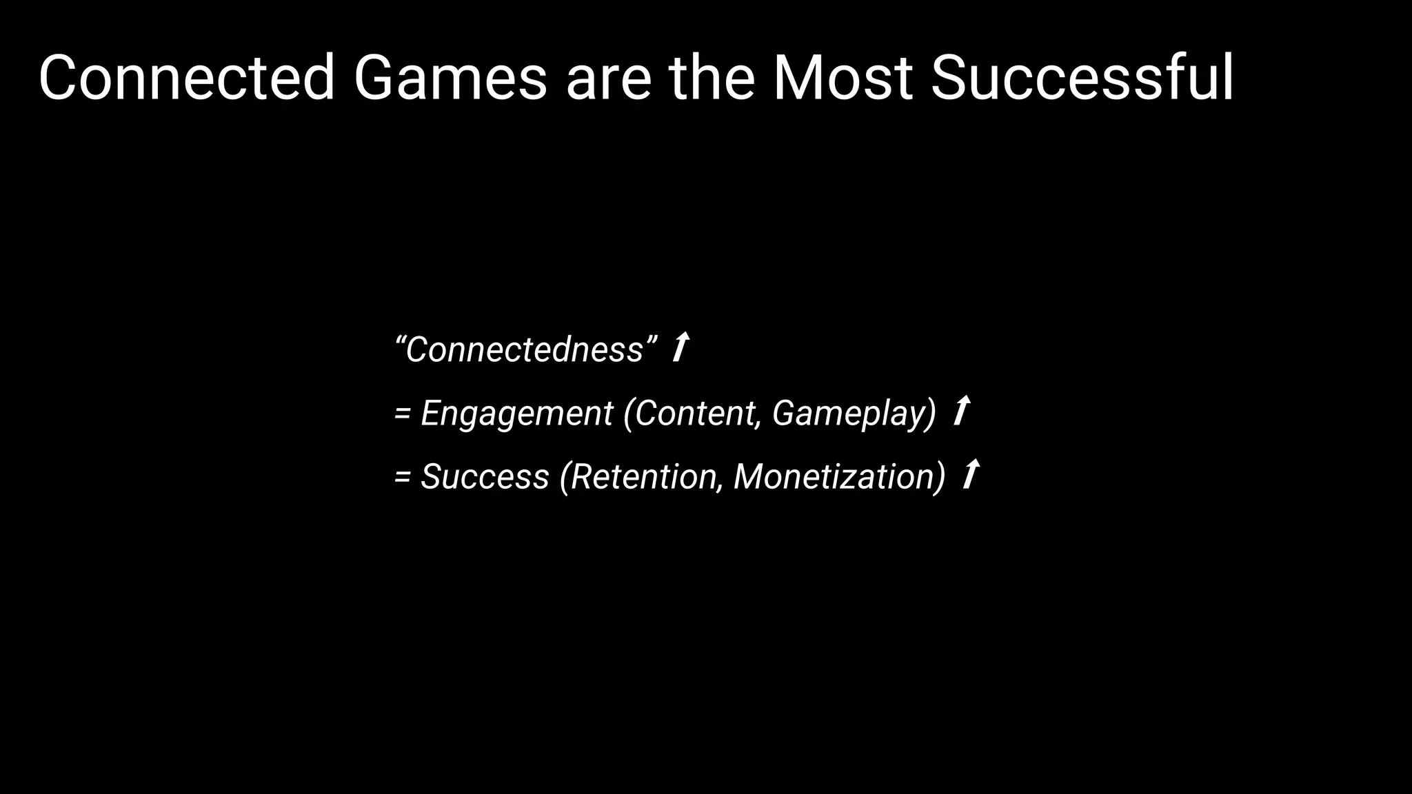 “Connectedness” ⬆
= Engagement (Content, Gameplay) ⬆
= Success (Retention, Monetization) ⬆
Connected Games are the Most Successful
 