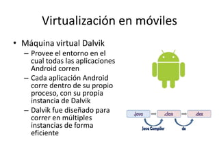 Virtualización en móviles
• Máquina virtual Dalvik
– Provee el entorno en el
cual todas las aplicaciones
Android corren
– Cada aplicación Android
corre dentro de su propio
proceso, con su propia
instancia de Dalvik
– Dalvik fue diseñado para
correr en múltiples
instancias de forma
eficiente
 