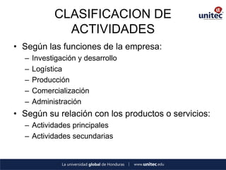 CLASIFICACION DE ACTIVIDADES 
•Según las funciones de la empresa: 
–Investigación y desarrollo 
–Logística 
–Producción 
–Comercialización 
–Administración 
•Según su relación con los productos o servicios: 
–Actividades principales 
–Actividades secundarias 
 