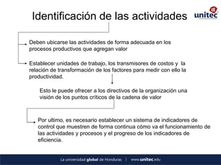 Identificación de las actividades 
Deben ubicarse las actividades de forma adecuada en los procesos productivos que agregan valor 
Establecer unidades de trabajo, los transmisores de costos y la relación de transformación de los factores para medir con ello la productividad. 
Esto le puede ofrecer a los directivos de la organización una visión de los puntos críticos de la cadena de valor 
Por ultimo, es necesario establecer un sistema de indicadores de control que muestren de forma continua cómo va el funcionamiento de las actividades y procesos y el progreso de los indicadores de eficiencia.  