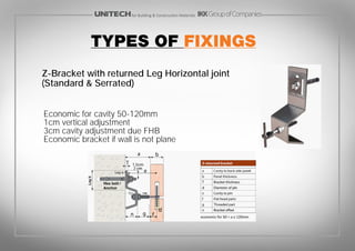 Z-Bracket with returned Leg Horizontal joint
(Standard  Serrated)
Economic for cavity 50-120mm
1cm vertical adjustment
3cm cavity adjustment due FHB
Economic bracket if wall is not plane
Types of fixings
for Building  Construction Materials
 