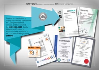 





















      



















Towards its commitment to
quality, the company implemented
the Quality Management
concept, and has acquired
the ISO 9001:2008 Quality
Management System, in
addition to being a member of
the U.S.Green Building Council
(USGBC).
for Building & Construction Materials
 