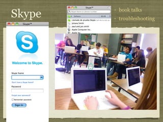 Skype <ul><li>book talks </li></ul><ul><li>troubleshooting </li></ul>
