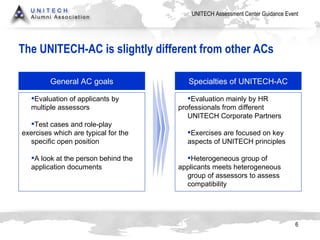 The UNITECH-AC is slightly different from other ACs General AC goals Specialties of UNITECH-AC Evaluation of applicants by  multiple assessors Test cases and role-play  exercises which are typical for the  specific open position  A look at the person behind the  application documents Evaluation mainly by HR  professionals from different  UNITECH Corporate Partners Exercises are focused on key  aspects of UNITECH principles  Heterogeneous group of  applicants meets heterogeneous  group of assessors to assess  compatibility 