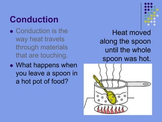 ConductionConduction is the way heat travels through materials that are touching.What happens when you leave a spoon in a hot pot of food?Heat moved along the spoon until the whole spoon was hot.