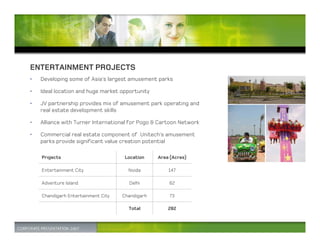ENTERTAINMENT PROJECTS
•   Developing some of Asia’s largest amusement parks

•   Ideal location and huge market opportunity

•   JV partnership provides mix of amusement park operating and
    real estate development skills

•   Alliance with Turner International for Pogo & Cartoon Network

•   Commercial real estate component of Unitech’s amusement
    parks provide significant value creation potential

    Projects                         Location    Area (Acres)

    Entertainment City                Noida          147

    Adventure Island                  Delhi          62

    Chandigarh Entertainment City   Chandigarh       73

                                      Total          282
 