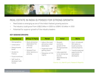 REAL ESTATE IN INDIA IS POISED FOR STRONG GROWTH
•    Real Estate is emerging as one of the India’s fastest growing sectors
•    The Industry could grow from US$12 billion in 2005 to US$45-50 billion in 2010
•    Potential for superior growth of the industry leaders


KEY DEMAND DRIVERS

    Residential        Office/ IT Parks           Retail                  Hotel                  SEZ’s
• Demographics        • Most attractive    • India is the most     • Buoyant             • Govt. introduced
                        destination for      attractive retail       economic              SEZ policy to
• Urbanization
                        IT & ITeS            destination             growth & FDI          boost economic
• Rising Income         services                                     driving business      activity/exports
  levels                                   • Organized retail
                                                                     travel
                      • Demand from          gaining share                               • Transformational
• Access to             other sectors is                           • India expected        opportunity for
  finance                                  • Relaxation of FDI
                        growing                                      to be among top       real estate
                                             regime
• Fiscal incentives                                                  tourist               developers
                                                                     destinations by
• Self-built to                                                      2020
  developer built
  homes                                                          Source: JLL, Merrill Lynch, Research Reports
 