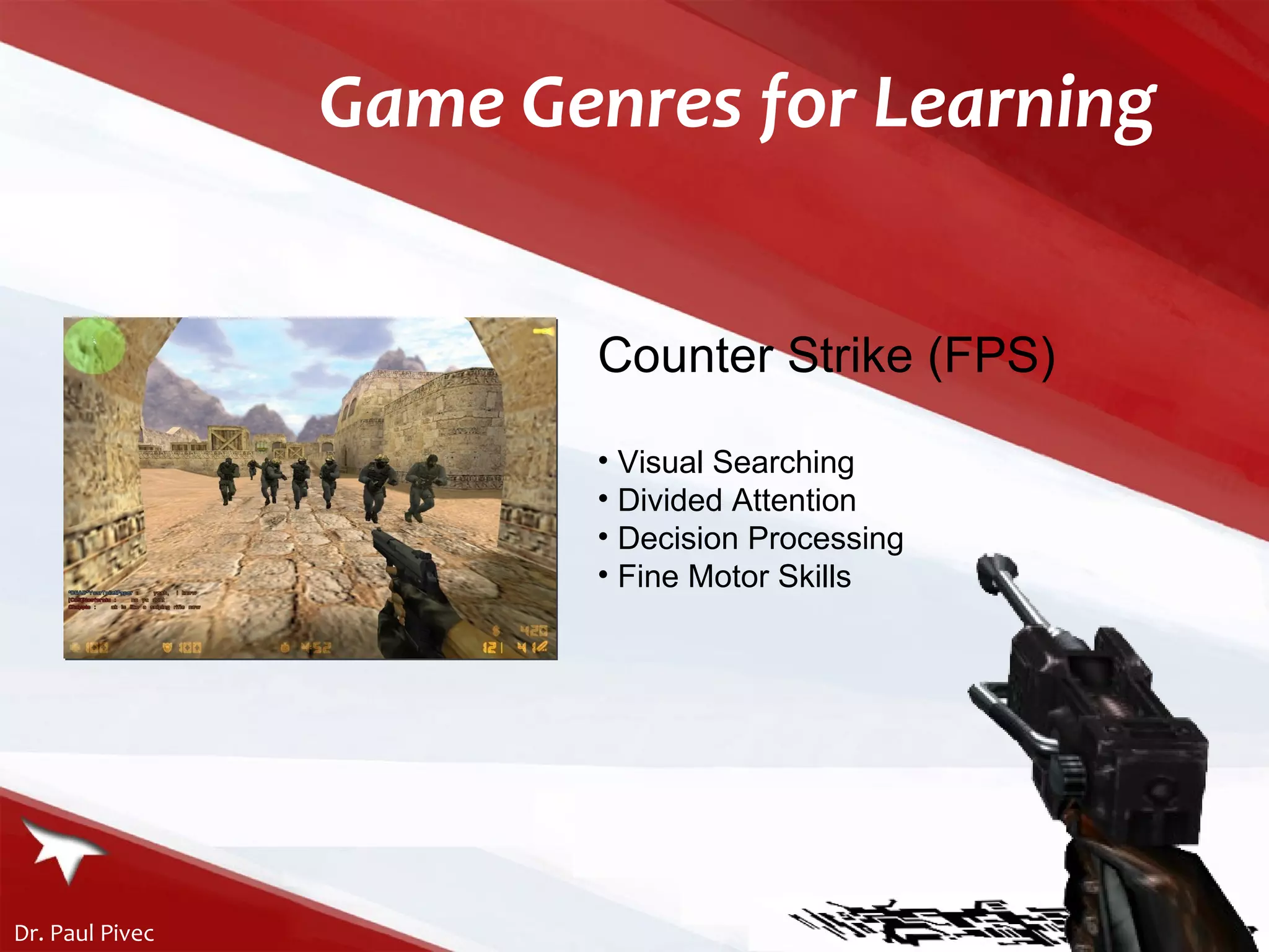 Game Genres for Learning Counter Strike (FPS) Visual Searching Divided Attention Decision Processing Fine Motor Skills 