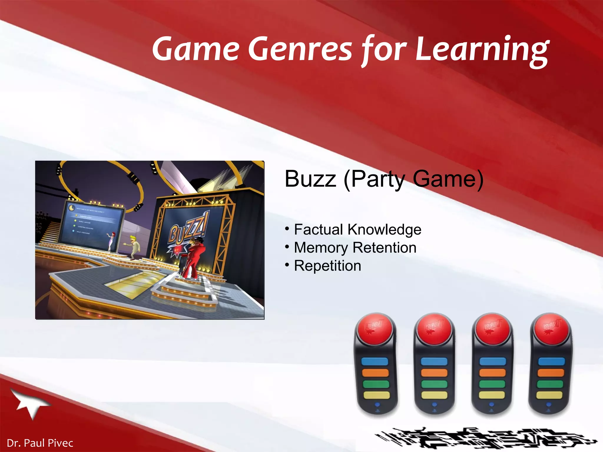 Game Genres for Learning Buzz (Party Game) Factual Knowledge Memory Retention Repetition 