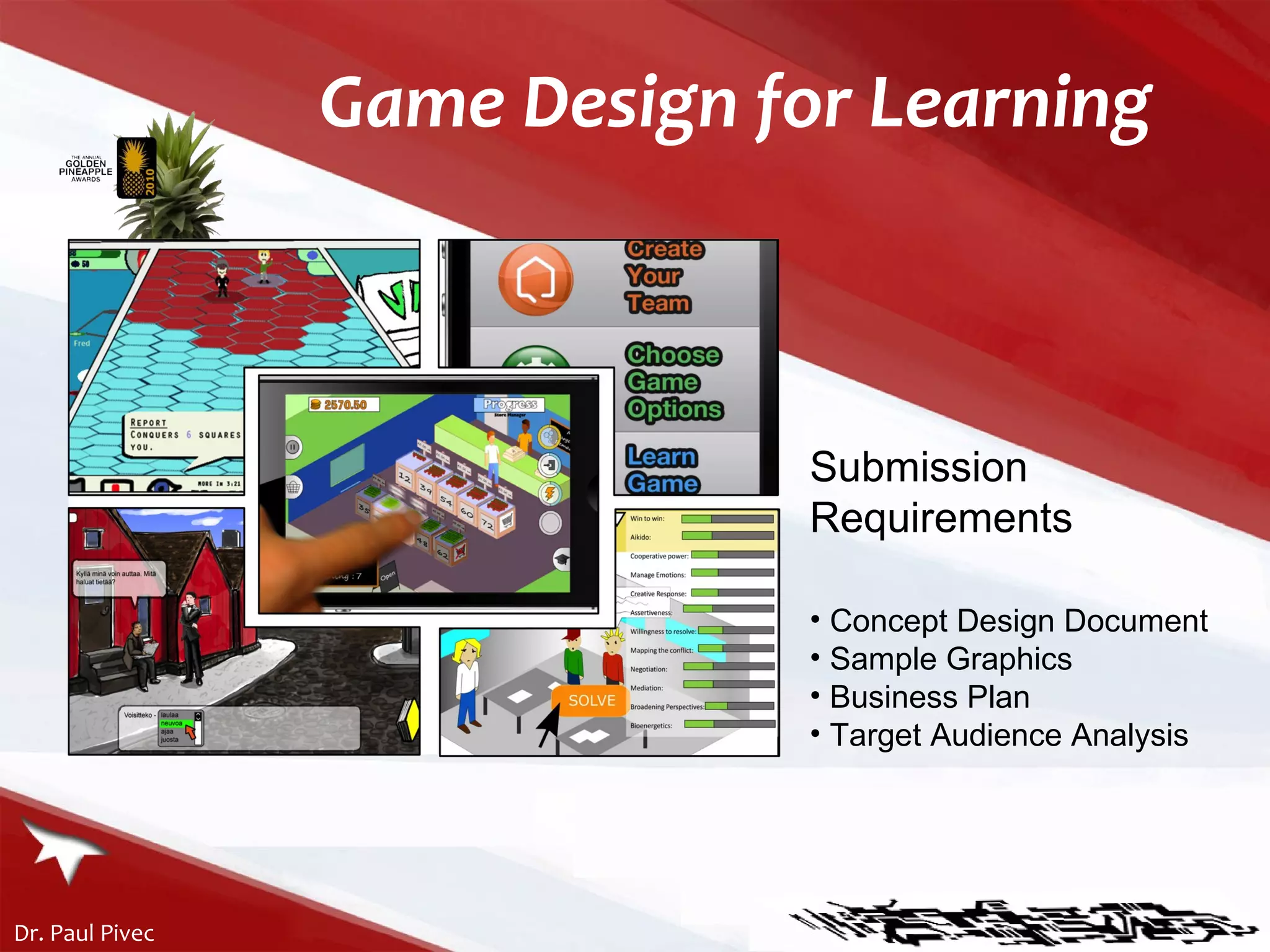 Game Design for Learning Submission Requirements Concept Design Document Sample Graphics Business Plan Target Audience Analysis 