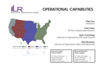 OPERATIONAL CAPABILITIES
Chip Gee
President
Chris Faber
VP Pre-Construction Services
Ryan Cummings
Director of Operations, East and Central
Matt Westover
Director of Operations, West and Mountain
East and Central
Project Support
Sr. Project Manager: 4
Project Manager: 9
Superintendent: 2
Project Coordinator: 2
West and Mountain
Project Support
Sr. Project Manager: 4
Project Manager: 12
Superintendent: 11
Project Coordinator: 2
 
