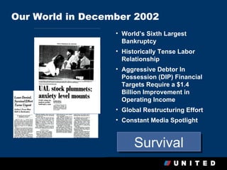 Our World in December 2002
                  • World’s Sixth Largest
                    Bankruptcy
                  • Historically Tense Labor
                    Relationship
                  • Aggressive Debtor In
                    Possession (DIP) Financial
                    Targets Require a $1.4
                    Billion Improvement in
                    Operating Income
                  • Global Restructuring Effort
                  • Constant Media Spotlight



                        Survival
 