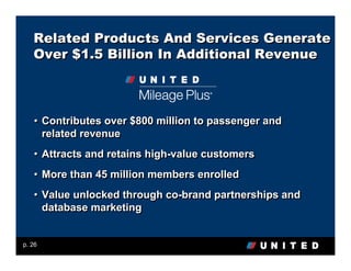 Related Products And Services Generate
   Over $1.5 Billion In Additional Revenue



   • Contributes over $800 million to passenger and
     related revenue
   • Attracts and retains high-value customers
   • More than 45 million members enrolled
   • Value unlocked through co-brand partnerships and
     database marketing


p. 26
 
