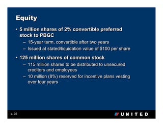 Equity
   • 5 million shares of 2% convertible preferred
     stock to PBGC
        –   15-year term, convertible after two years
        –   Issued at stated/liquidation value of $100 per share

   • 125 million shares of common stock
        – 115 million shares to be distributed to unsecured
          creditors and employees
        – 10 million (8%) reserved for incentive plans vesting
          over four years




p. 35
 