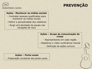 PREVENÇÃO

Ações - Monitorar as mídias sociais
 - Contratar pessoas qualificadas para
      monitorar as mídias sociais
- Definir a periodicidade dos relatórios
 - Exigir pró-atividade da equipe nas
           situações de risco


                                 Ações – Grupo de comunicação de
                                              crises
                                     - Representante em cada região
                                 - Relatórios e vídeo conferência mensal
                                        - Definição de ações comuns



        Ações – Porta-vozes
- Preparação constante dos porta-vozes
 