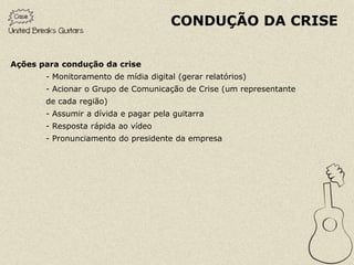 CONDUÇÃO DA CRISE


Ações para condução da crise
       - Monitoramento de mídia digital (gerar relatórios)
       - Acionar o Grupo de Comunicação de Crise (um representante
       de cada região)
       - Assumir a dívida e pagar pela guitarra
       - Resposta rápida ao vídeo
       - Pronunciamento do presidente da empresa
 
