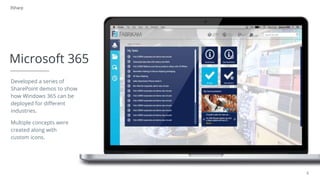 5
3Sharp
Microsoft 365
Developed a series of
SharePoint demos to show
how Windows 365 can be
deployed for different
industries.
Multiple concepts were
created along with
custom icons.
 