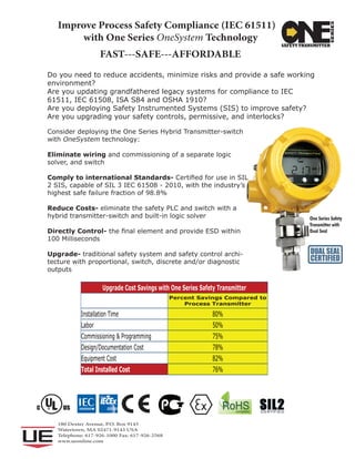 180 Dexter Avenue, P.O. Box 9143
Watertown, MA 02471-9143 USA
Telephone: 617-926-1000 Fax: 617-926-2568
www.ueonline.com
One Series Safety
Transmitter with
Dual Seal
RoHScompliant
Improve Process Safety Compliance (IEC 61511)
with One Series OneSystem Technology
FAST---SAFE---AFFORDABLE
Do you need to reduce accidents, minimize risks and provide a safe working
environment?
Are you updating grandfathered legacy systems for compliance to IEC
61511, IEC 61508, ISA S84 and OSHA 1910?
Are you deploying Safety Instrumented Systems (SIS) to improve safety?
Are you upgrading your safety controls, permissive, and interlocks?
Consider deploying the One Series Hybrid Transmitter-switch
with OneSystem technology:
Eliminate wiring and commissioning of a separate logic
solver, and switch
Comply to international Standards- Certified for use in SIL
2 SIS, capable of SIL 3 IEC 61508 - 2010, with the industry’s
highest safe failure fraction of 98.8%
Reduce Costs- eliminate the safety PLC and switch with a
hybrid transmitter-switch and built-in logic solver
Directly Control- the final element and provide ESD within
100 Milliseconds
Upgrade- traditional safety system and safety control archi-
tecture with proportional, switch, discrete and/or diagnostic
outputs
Upgrade Cost Savings with One Series Safety Transmitter
Percent Savings Compared to
Process Transmitter
Installation Time 80%
Labor 50%
Commissioning & Programming 75%
Design/Documentation Cost 78%
Equipment Cost 82%
Total Installed Cost 76%
SIL2Certified
DUAL SEAL
CERTIFIED
 