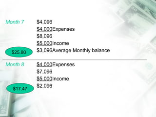 Month 7 $4,096 $4,000 Expenses $8,096 $5,000 Income $3,096 Average Monthly balance Month 8 $4,000 Expenses $7,096 $5,000 Income $2,096 $25.80 $17.47 