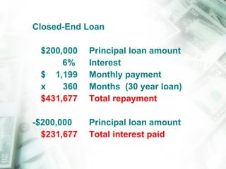 Closed-End Loan $200,000 Principal loan amount   6%  Interest $  1,199 Monthly payment x  360 Months  (30 year loan) $431,677 Total repayment -$200,000  Principal loan amount   $231,677 Total interest paid 
