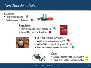 9
Next Steps for mHealth
Adoption
 Personal devices
 Professional solutions
Regulation
 FDA guidance finally released
...