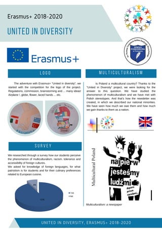 UNITED IN DIVERSITY
L O G O
UNITED IN DIVERSITY, ERASMUS+ 2018-2020
M U L T I C U L T U R A L I S M
The adventure with Erasmus+ "United in diversity", we
started with the competition for the logo of the project.
Regulations, commission, brainstorming and ... many ideas!
Airplane !, globe, flower, laced hands ... etc.
Is Poland a multicultural country? Thanks to the
"United in Diversity" project, we were looking for the
answer to this question. We have studied the
phenomenon of multiculturalism and we have met with
Polish stereotypes. And that's how the newsletter was
created, in which we described our national minorities.
We have seen how much we owe them and how much
we gain thanks to them as a nation.
Multiculturalism: a newspaper
We researched through a survey how our students perceive
the phenomenon of multiculturalism, racism, tolerance and
accessibility of foreign cultures.
We asked for knowledge of foreign languages, for what
patriotism is for students and for their culinary preferences
related to European cuisine.
S U R V E Y
Erasmus+ 2018-2020
 