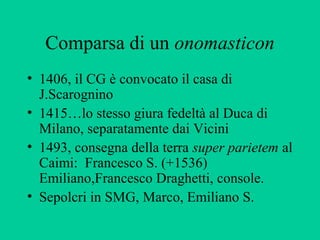 Comparsa di un onomasticon
• 1406, il CG è convocato il casa di
  J.Scarognino
• 1415…lo stesso giura fedeltà al Duca di
  Milano, separatamente dai Vicini
• 1493, consegna della terra super parietem al
  Caimi: Francesco S. (+1536)
  Emiliano,Francesco Draghetti, console.
• Sepolcri in SMG, Marco, Emiliano S.
 