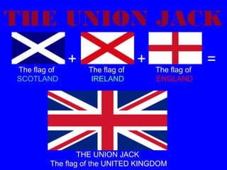 THE UNION JACK
The flag of
SCOTLAND

+

The flag of
IRELAND

+

The flag of
ENGLAND

THE UNION JACK
The flag of the UNITED KINGDOM

=

 