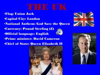 THE UK

•Flag: Union Jack
•Capital City: London
•National Anthem: God Save the Queen
•Currency: Pound Sterling (£)
•Official language: English
•Prime minister: David Cameron
•Chief of State: Queen Elizabeth II

 