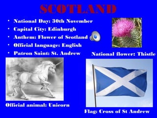 SCOTLAND
• National Day: 30th November
• Capital City: Edinburgh
• Anthem: Flower of Scotland
• Official language: English
• Patron Saint: St. Andrew

National flower: Thistle

Official animal: Unicorn
Flag: Cross of St Andrew

 