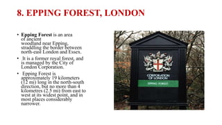 8. EPPING FOREST, LONDON
• Epping Forest is an area
of ancient
woodland near Epping,
straddling the border between
north-east London and Essex.
• It is a former royal forest, and
is managed by the City of
London Corporation.
• Epping Forest is
approximately 19 kilometers
(12 mi) long in the north-south
direction, but no more than 4
kilometres (2.5 mi) from east to
west at its widest point, and in
most places considerably
narrower.
 