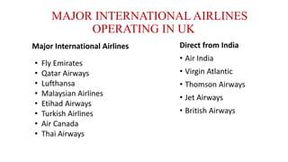 MAJOR INTERNATIONAL AIRLINES
OPERATING IN UK
Direct from India
• Air India
• Virgin Atlantic
• Thomson Airways
• Jet Airways
• British Airways
Major International Airlines
• Fly Emirates
• Qatar Airways
• Lufthansa
• Malaysian Airlines
• Etihad Airways
• Turkish Airlines
• Air Canada
• Thai Airways
 