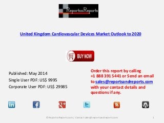 United Kingdom Cardiovascular Devices Market Outlook to 2020
Published: May 2014
Single User PDF: US$ 9995
Corporate User PDF: US$ 29985
Order this report by calling
+1 888 391 5441 or Send an email
to sales@reportsandreports.com
with your contact details and
questions if any.
1© ReportsnReports.com / Contact sales@reportsandreports.com
 