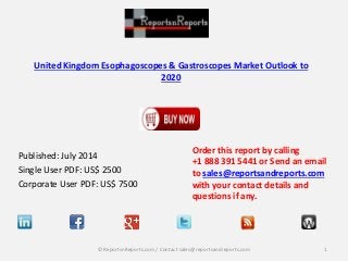 United Kingdom Esophagoscopes & Gastroscopes Market Outlook to
2020
Published: July 2014
Single User PDF: US$ 2500
Corporate User PDF: US$ 7500
Order this report by calling
+1 888 391 5441 or Send an email
to sales@reportsandreports.com
with your contact details and
questions if any.
1© ReportsnReports.com / Contact sales@reportsandreports.com
 