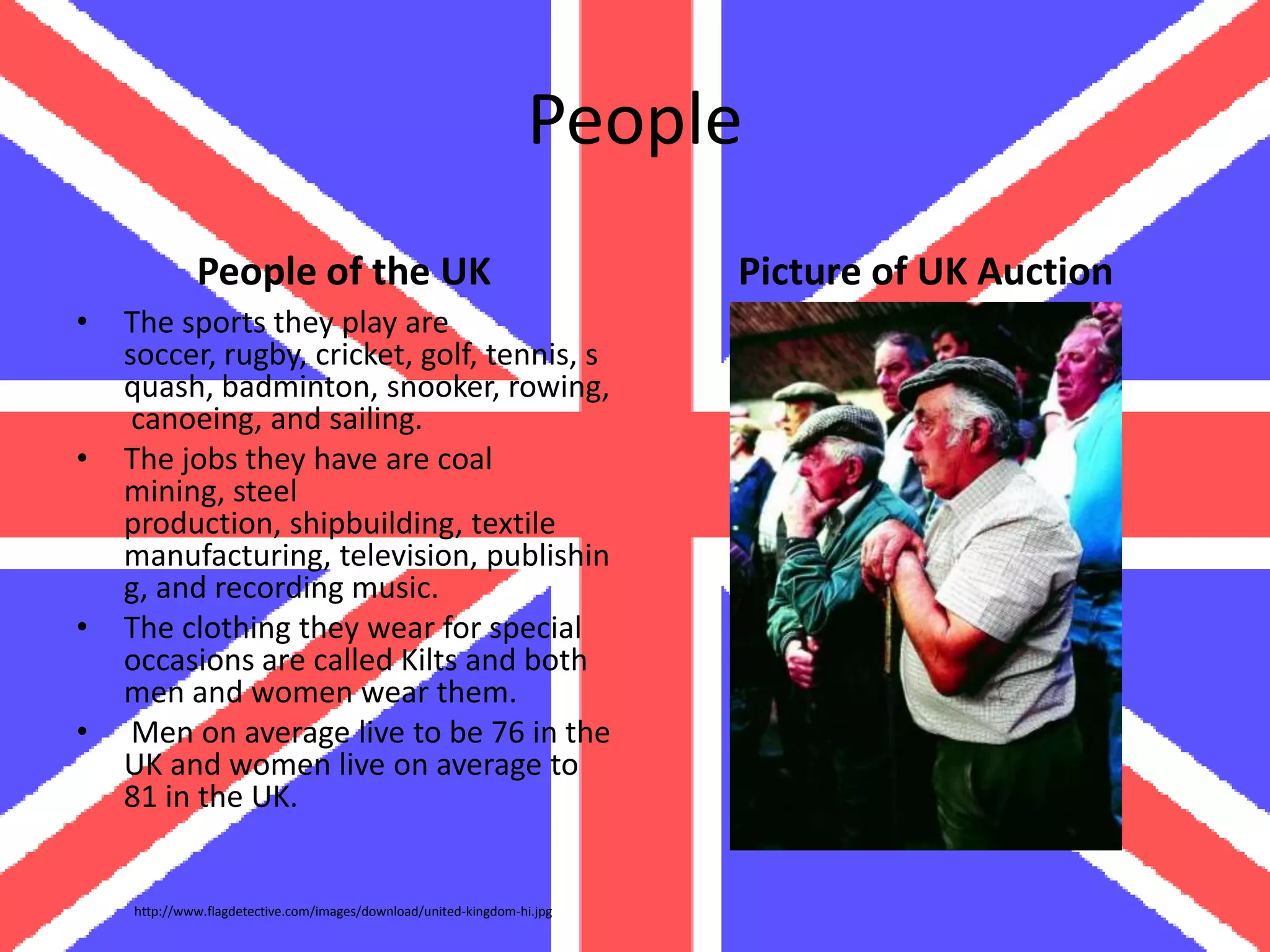 People
             People of the UK                                            Picture of UK Auction
•   The sports they play are
    soccer, rugby, cricket, golf, tennis, s
    quash, badminton, snooker, rowing,
     canoeing, and sailing.
•   The jobs they have are coal
    mining, steel
    production, shipbuilding, textile
    manufacturing, television, publishin
    g, and recording music.
•   The clothing they wear for special
    occasions are called Kilts and both
    men and women wear them.
•    Men on average live to be 76 in the
    UK and women live on average to
    81 in the UK.


    http://www.flagdetective.com/images/download/united-kingdom-hi.jpg
 