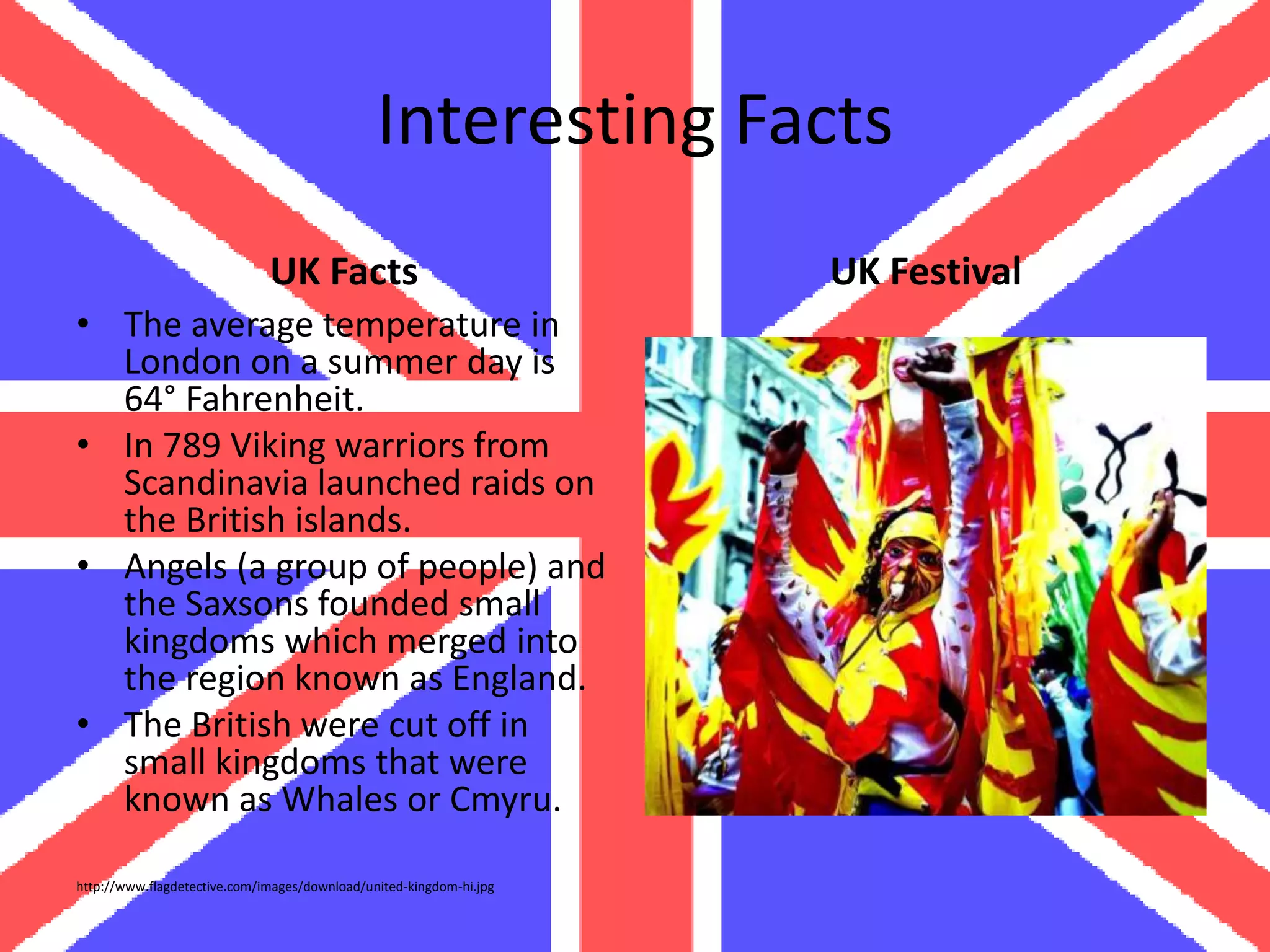 Interesting Facts
                              UK Facts                               UK Festival
• The average temperature in
  London on a summer day is
  64° Fahrenheit.
• In 789 Viking warriors from
  Scandinavia launched raids on
  the British islands.
• Angels (a group of people) and
  the Saxsons founded small
  kingdoms which merged into
  the region known as England.
• The British were cut off in
  small kingdoms that were
  known as Whales or Cmyru.

http://www.flagdetective.com/images/download/united-kingdom-hi.jpg
 