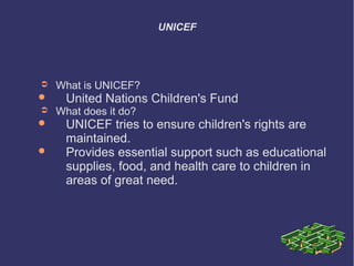 UNICEF

➲


➲




What is UNICEF?

United Nations Children's Fund

What does it do?

UNICEF tries to ensure children's rights are
maintained.
Provides essential support such as educational
supplies, food, and health care to children in
areas of great need.

 