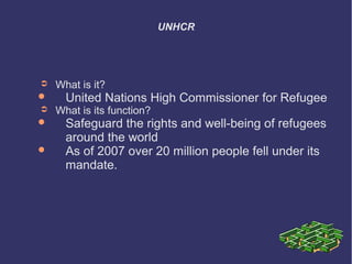 UNHCR

➲


➲




What is it?

United Nations High Commissioner for Refugee

What is its function?

Safeguard the rights and well-being of refugees
around the world
As of 2007 over 20 million people fell under its
mandate.

 
