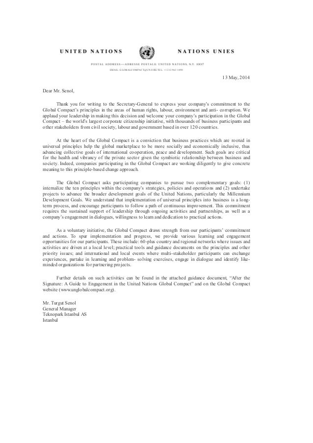 United Nations Global Compact Welcome Letter For Teknopark Istanbul