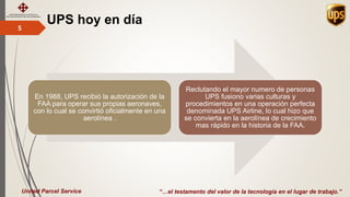 UPS hoy en día5
“…el testamento del valor de la tecnología en el lugar de trabajo.”United Parcel Service
En 1988, UPS recibió la autorización de la
FAA para operar sus propias aeronaves,
con lo cual se convirtió oficialmente en una
aerolínea .
Reclutando el mayor numero de personas
UPS fusiono varias culturas y
procedimientos en una operación perfecta
denominada UPS Airline, lo cual hizo que
se convierta en la aerolínea de crecimiento
mas rápido en la historia de la FAA.
 