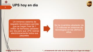 UPS hoy en día7
“…el testamento del valor de la tecnología en el lugar de trabajo.”United Parcel Service
Un inmenso sistema de
respaldo tecnológico permite
que se hagan mas de 1
millón de llamadas celulares
por día para que UPS rastree
electrónicamente todos sus
paquetes.
Se ha invertidos alrededor de
1,5 millones en sistemas de
tecnologías en los últimos 5
años.
 