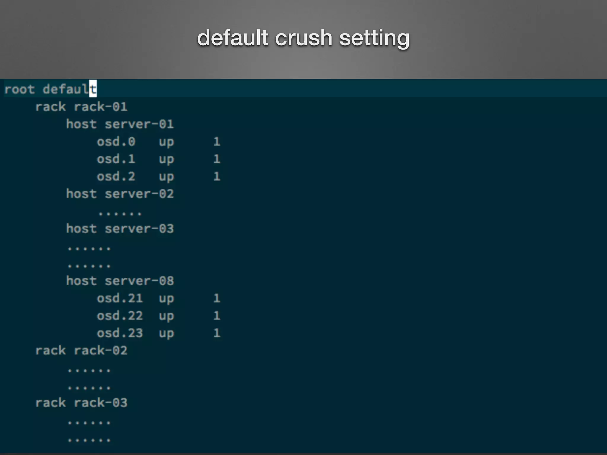 24 OSDs 24 OSDs 24 OSDs 
default crush setting 
 
server-01 
root 
rack-01 
server-02 
server-03 
server-04 
server-05 
server-06 
server-07 
server-08 
 
server-09 
rack-02 
server-10 
server-11 
server-12 
server-13 
server-14 
server-15 
server-16 
 
server-17 
rack-03 
server-18 
server-19 
server-20 
server-21 
server-22 
server-23 
server-24 
if R = 3, M = 24 * 24 * 24 = 13824 
 