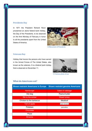 Presidents Day
In 1971 the President Richard Nixon
proclaimed an alone federal bank holiday,
the Day of the Presidents, to be observed
on the third Monday of February in honor
to all the presidents spent from the United
States of America.
12 Monument of Presidents

Veterans Day
Holiday that honors the persons who have served
in the Armed Forces of The United States, also
known as the veterans. It is a federal bank holiday
that is observed on November 11.

13 Famous photo of war

What do Americans eat?
Shown restraint Americans in Europe

Shown restraint genuine Americans

Hamburger

Salad of cabbage

Hot dog

Peanut butter

Rib to the ember

Roast turkey

Chicken to the barbecue

Meatloaf

Tart of apple

hash browns

Potatoes

pancakes

Chocolate
Pizza
Brownie

 