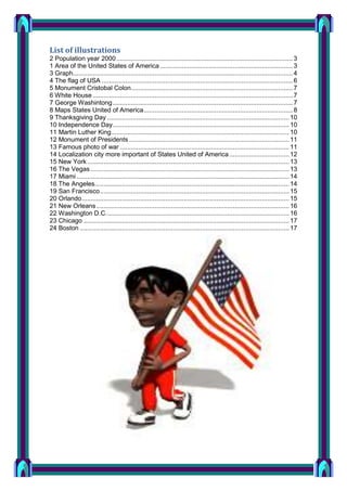 List of illustrations
2 Population year 2000 ................................................................................................. 3
1 Area of the United States of America ......................................................................... 3
3 Graph......................................................................................................................... 4
4 The flag of USA ......................................................................................................... 6
5 Monument Cristobal Colon......................................................................................... 7
6 White House .............................................................................................................. 7
7 George Washintong ................................................................................................... 7
8 Maps States United of America .................................................................................. 8
9 Thanksgiving Day .................................................................................................... 10
10 Independence Day ................................................................................................. 10
11 Martin Luther King.................................................................................................. 10
12 Monument of Presidents ........................................................................................ 11
13 Famous photo of war ............................................................................................. 11
14 Localization city more important of States United of America ................................. 12
15 New York ............................................................................................................... 13
16 The Vegas ............................................................................................................. 13
17 Miami ..................................................................................................................... 14
18 The Angeles........................................................................................................... 14
19 San Francisco ........................................................................................................ 15
20 Orlando .................................................................................................................. 15
21 New Orleans .......................................................................................................... 16
22 Washington D.C. .................................................................................................... 16
23 Chicago ................................................................................................................. 17
24 Boston ................................................................................................................... 17

 
