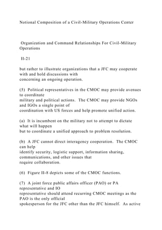 Notional Composition of a Civil-Military Operations Center
Organization and Command Relationships For Civil-Military
Operations
II-21
but rather to illustrate organizations that a JFC may cooperate
with and hold discussions with
concerning an ongoing operation.
(5) Political representatives in the CMOC may provide avenues
to coordinate
military and political actions. The CMOC may provide NGOs
and IGOs a single point of
coordination with US forces and help promote unified action.
(a) It is incumbent on the military not to attempt to dictate
what will happen
but to coordinate a unified approach to problem resolution.
(b) A JFC cannot direct interagency cooperation. The CMOC
can help
identify security, logistic support, information sharing,
communications, and other issues that
require collaboration.
(6) Figure II-8 depicts some of the CMOC functions.
(7) A joint force public affairs officer (PAO) or PA
representative and IO
representative should attend recurring CMOC meetings as the
PAO is the only official
spokesperson for the JFC other than the JFC himself. As active
 