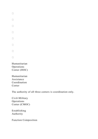 Humanitarian
Operations
Center (HOC)
Humanitarian
Assistance
Coordination
Center
The authority of all three centers is coordination only.
Civil-Military
Operations
Center (CMOC)
Establishing
Authority
Function Composition
 