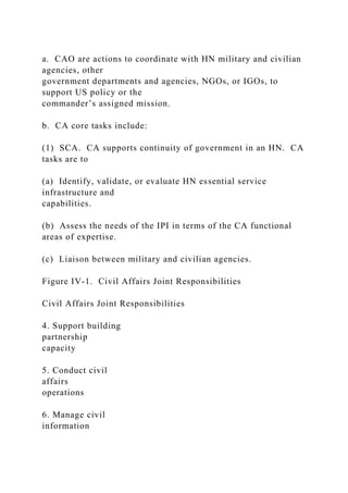 a. CAO are actions to coordinate with HN military and civilian
agencies, other
government departments and agencies, NGOs, or IGOs, to
support US policy or the
commander’s assigned mission.
b. CA core tasks include:
(1) SCA. CA supports continuity of government in an HN. CA
tasks are to
(a) Identify, validate, or evaluate HN essential service
infrastructure and
capabilities.
(b) Assess the needs of the IPI in terms of the CA functional
areas of expertise.
(c) Liaison between military and civilian agencies.
Figure IV-1. Civil Affairs Joint Responsibilities
Civil Affairs Joint Responsibilities
4. Support building
partnership
capacity
5. Conduct civil
affairs
operations
6. Manage civil
information
 