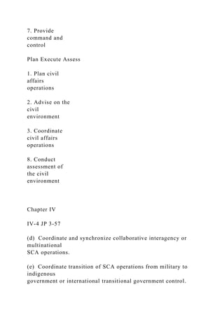 7. Provide
command and
control
Plan Execute Assess
1. Plan civil
affairs
operations
2. Advise on the
civil
environment
3. Coordinate
civil affairs
operations
8. Conduct
assessment of
the civil
environment
Chapter IV
IV-4 JP 3-57
(d) Coordinate and synchronize collaborative interagency or
multinational
SCA operations.
(e) Coordinate transition of SCA operations from military to
indigenous
government or international transitional government control.
 