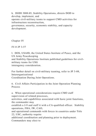 k. DODI 3000.05, Stability Operations, directs DOD to
develop, implement, and
operate civil-military teams to support CMO activities for
infrastructure reconstruction,
governance, security, economic stability, and capacity
development.
Chapter IV
IV-8 JP 3-57
l. DOS, USAID, the United States Institute of Peace, and the
US Army Peacekeeping
and Stability Operations Institute published guidelines for civil-
military teams for USG
interagency consideration.
For further detail on civil-military teaming, refer to JP 3-08,
Interorganizational
Coordination During Joint Operations.
6. Civil Affairs Participation in the Joint Operation Planning
Process
a. When operational considerations require CMO staff
supervision of related processes,
activities, and capabilities associated with basic joint functions,
the commander may
establish a J-9 and staff it with a CA-qualified officer. Stability
operations, FHA, IW, CAO,
and operational commands with forces in countries under Title
22, USC, authority require
additional coordination and planning prior to deployment.
Commanders may elect to
 
