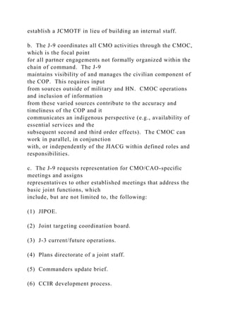 establish a JCMOTF in lieu of building an internal staff.
b. The J-9 coordinates all CMO activities through the CMOC,
which is the focal point
for all partner engagements not formally organized within the
chain of command. The J-9
maintains visibility of and manages the civilian component of
the COP. This requires input
from sources outside of military and HN. CMOC operations
and inclusion of information
from these varied sources contribute to the accuracy and
timeliness of the COP and it
communicates an indigenous perspective (e.g., availability of
essential services and the
subsequent second and third order effects). The CMOC can
work in parallel, in conjunction
with, or independently of the JIACG within defined roles and
responsibilities.
c. The J-9 requests representation for CMO/CAO-specific
meetings and assigns
representatives to other established meetings that address the
basic joint functions, which
include, but are not limited to, the following:
(1) JIPOE.
(2) Joint targeting coordination board.
(3) J-3 current/future operations.
(4) Plans directorate of a joint staff.
(5) Commanders update brief.
(6) CCIR development process.
 
